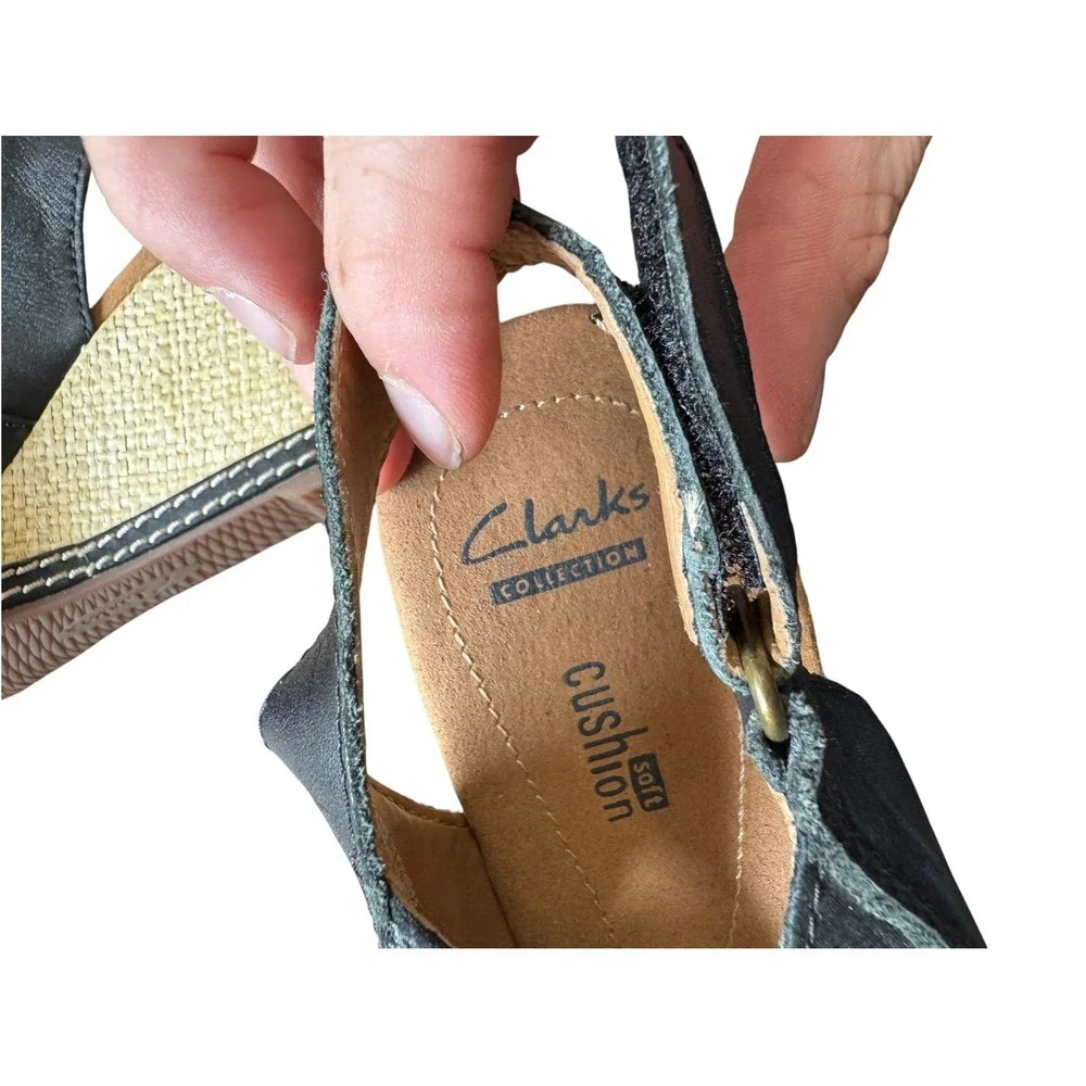 Clarks Wedge Sandals Women 9 Black Excellent Strappy Slingback Cushion Soft